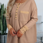 Dark Khaki Color Block Waffle Textured Tunic Henley Top with Slits