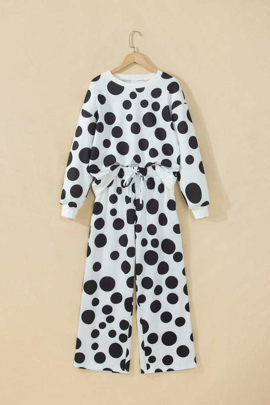 White Polka Dot Long Sleeve Top Drawstring Relaxed Pants Set