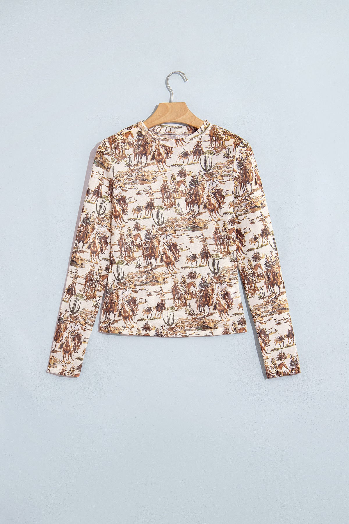 Brown Western Cowboy Floral Print Sheer Mesh Long Sleeve Top