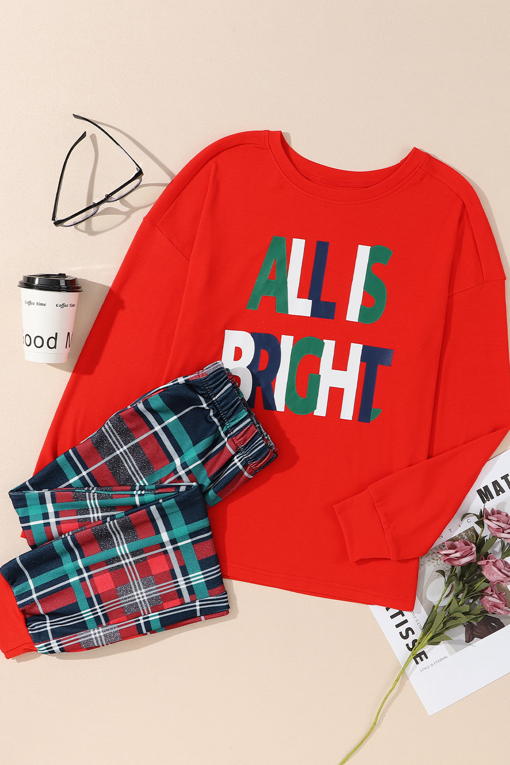 Multicolor ALL IS BRIGHT Graphic Christmas Plaid Pajamas Set