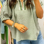 Green Plaid Short Sleeve Colorblock Trim Split Neck Blouse