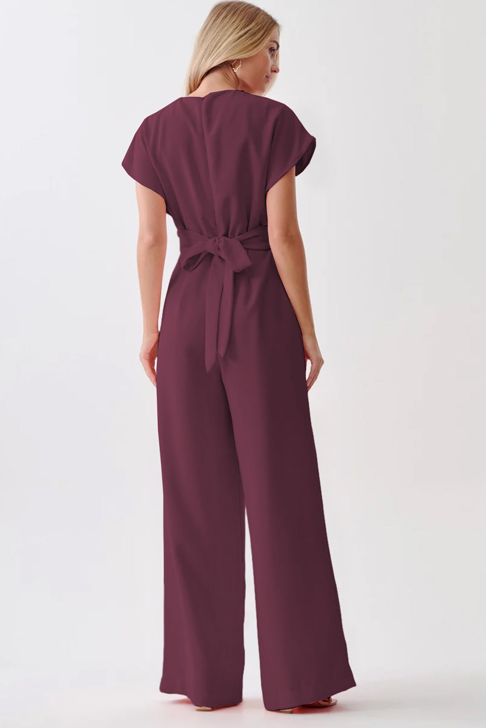 Burgundy Solid Color Cap Sleeve Knot Waist Shift Jumpsuit