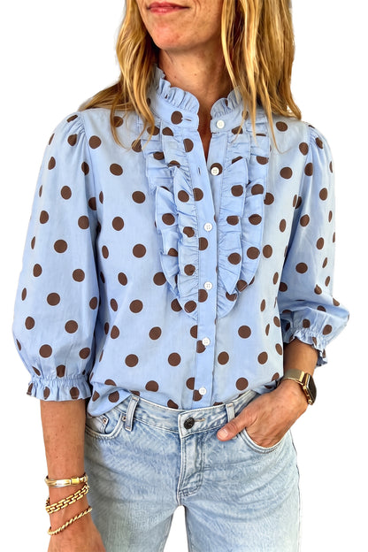 Sky Blue Polka Dot Striped Print Ruffle Stand Neck 3/4 Sleeve Shift Shirt