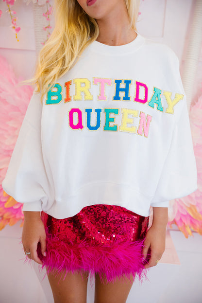 Sweat-shirt blanc à manches ballons avec imprimé BIRTHDAY QUEEN