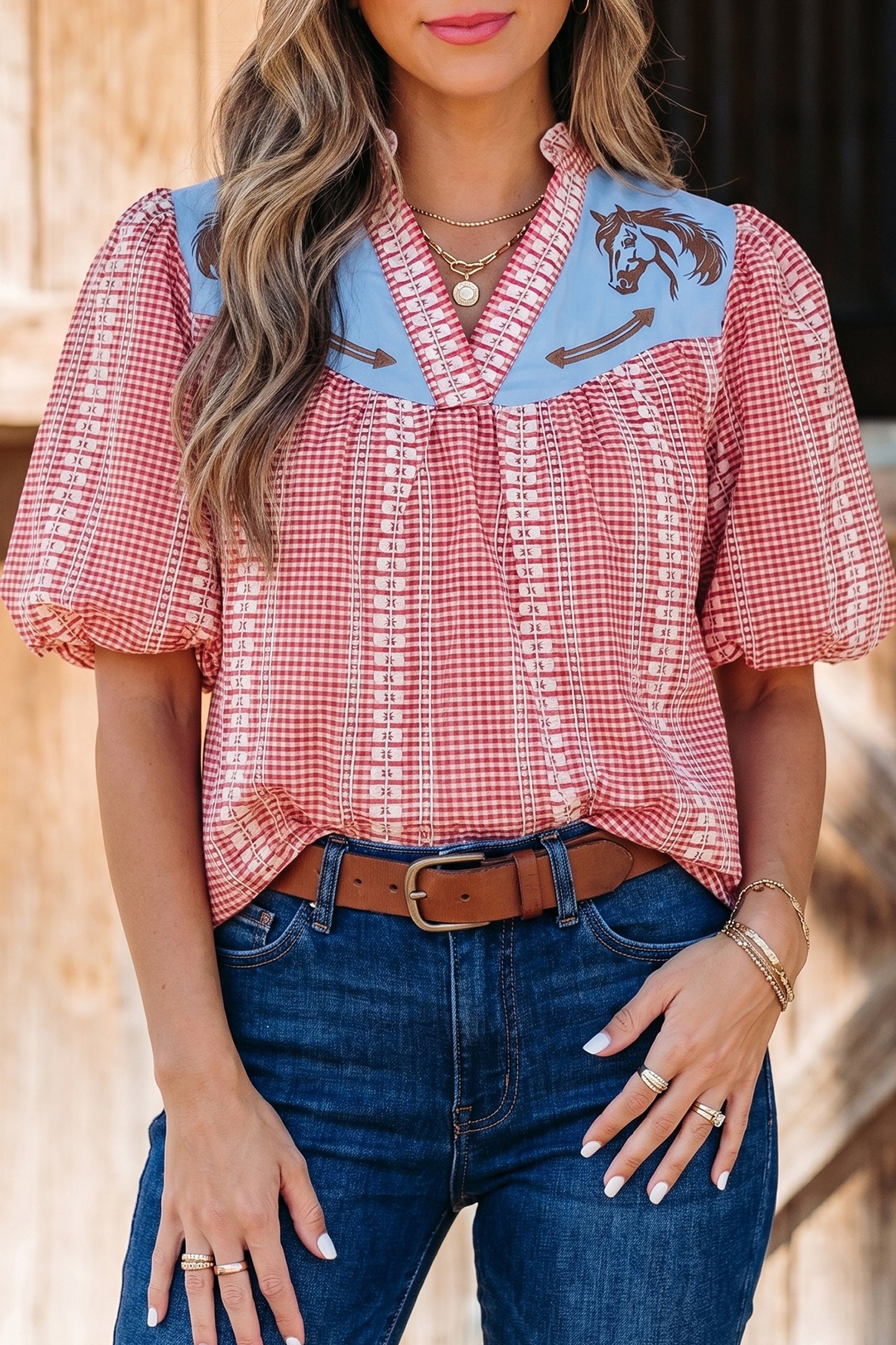 Brown Western Pony Embroidered Yoke Puff Sleeve Gingham Blouse