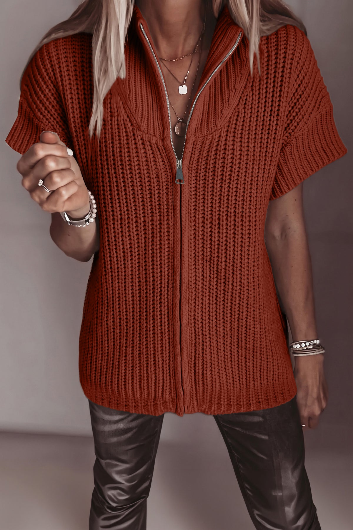 Cinnamon Solid Color Short Sleeve Zipper Knit High Neck Sweater