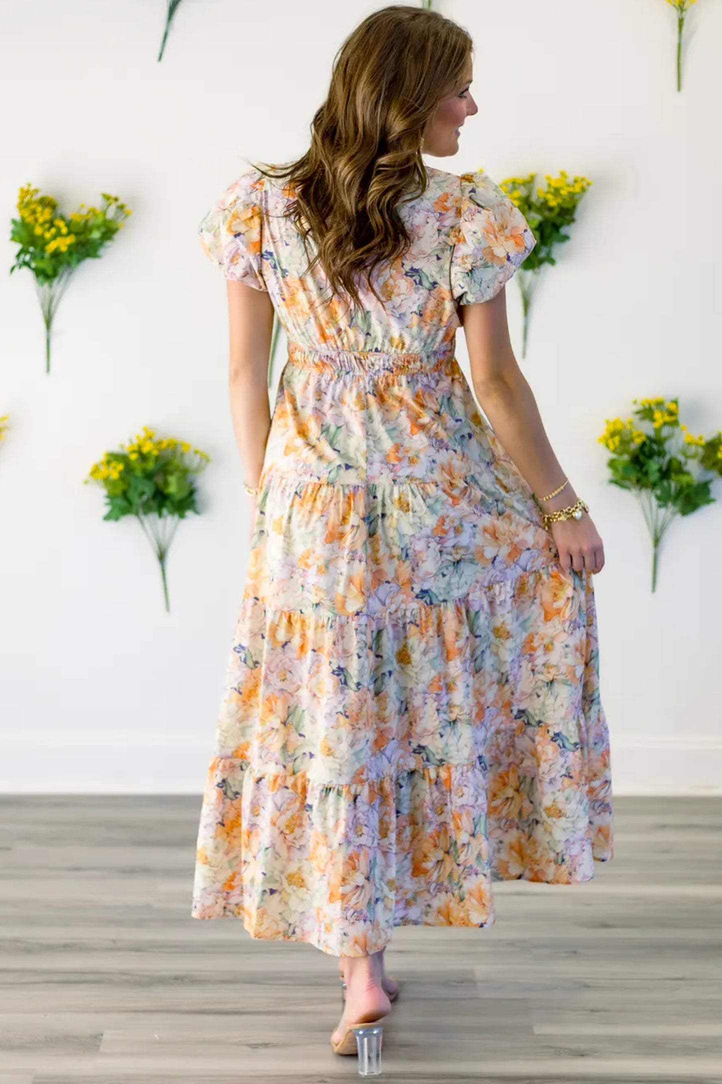Orange Floral Bubble Sleeve V Neck Flared Maxi Dress