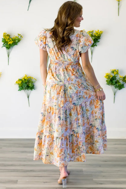 Orange Floral Bubble Sleeve V Neck Flared Maxi Dress