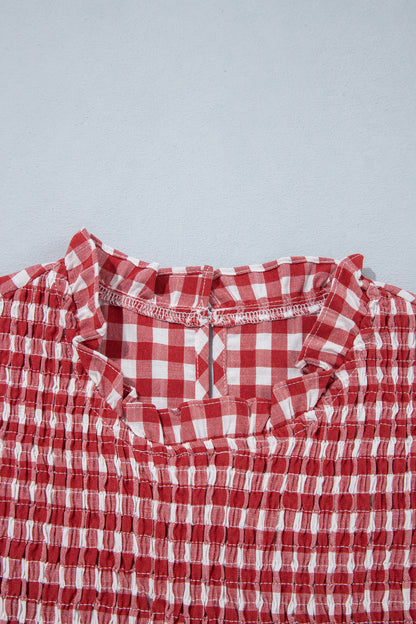 Red 3/4 Sleeve Shirred Plaid Peplum Top