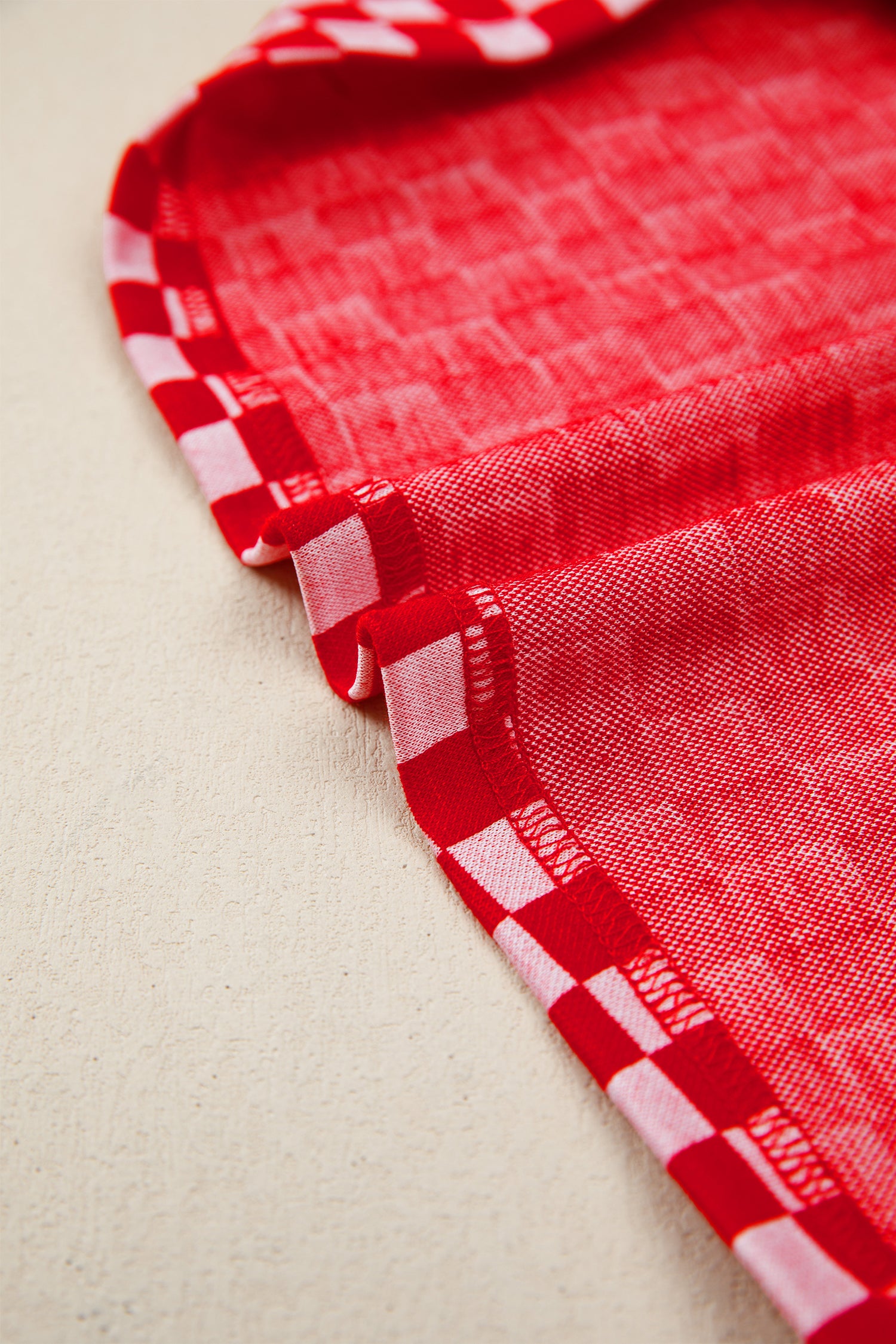 Red Checkered Print Ruffle Short Sleeve Contrast Trim Round Neck Top