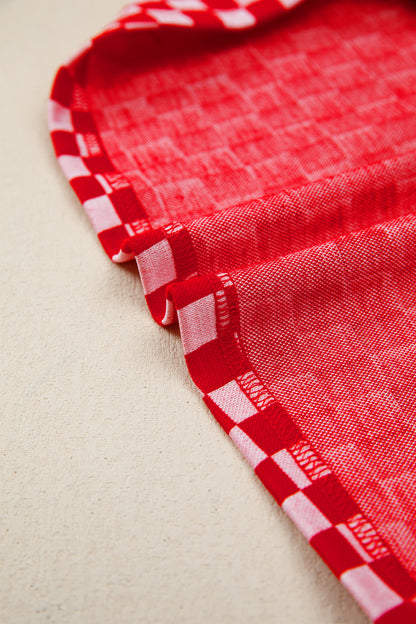 Red Checkered Print Ruffle Short Sleeve Contrast Trim Round Neck Top