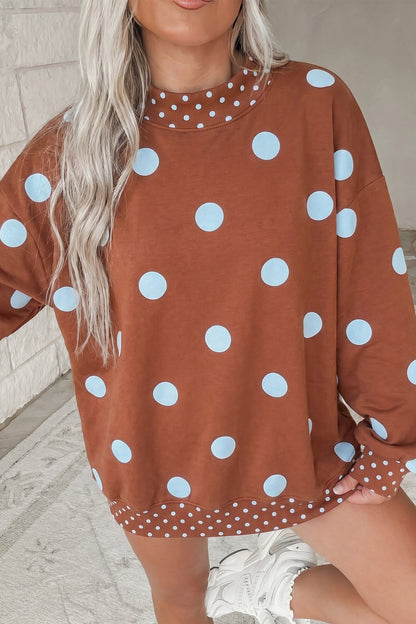 Brown Polka Dot Print Contrast Detail Oversized Tunic Sweatshirt
