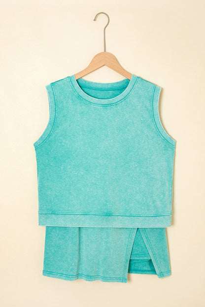 Mint Green Solid Color Washed Sleeveless Top Split Skort Cotton 2pcs Outfit