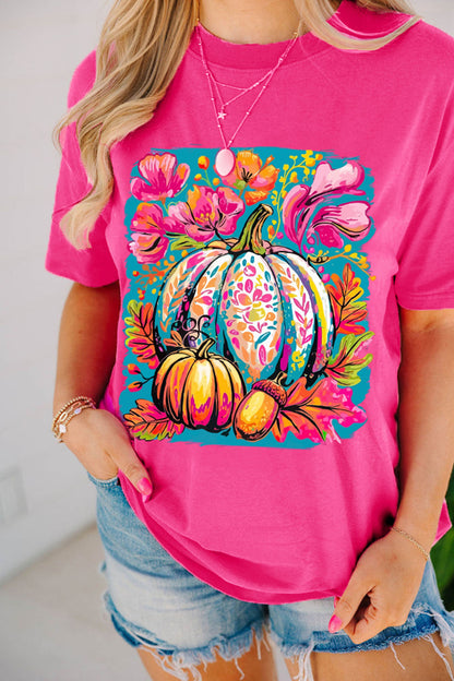 Rose Red Floral Pumpkin Graphic Print Crewneck Relaxed T-Shirt