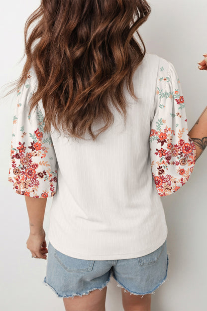 White Ribbed Texture Floral Print Half Sleeve Patchwork Top