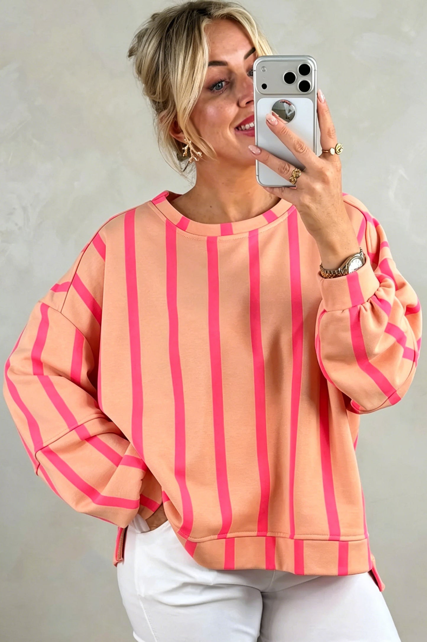 Pink Stripe Dropped Shoulder Round Neck Casual Sweatshirt