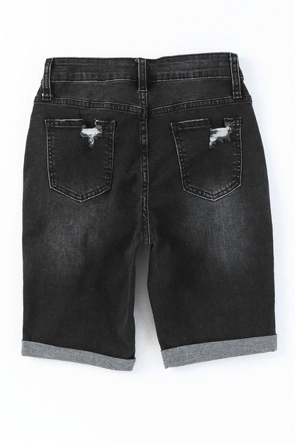 Short bermuda en jean effet vieilli et retroussé 