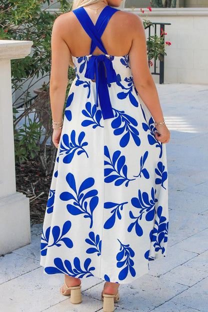 Blue Floral Print Crisscross Tie Back Sleeveless Long Dress