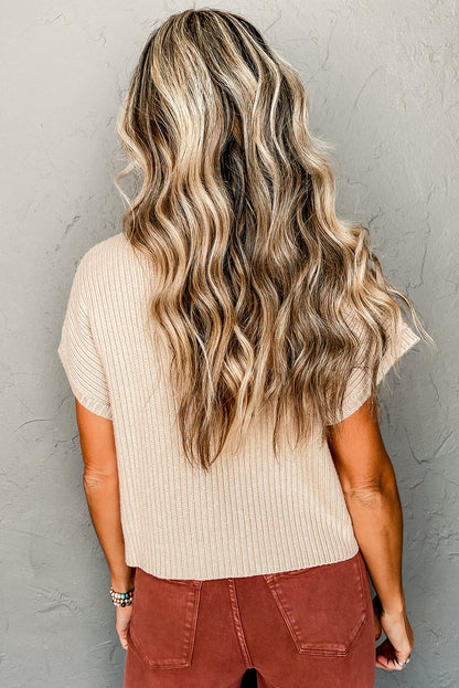 Pull à manches courtes en tricot côtelé vert noirâtre avec poches plaquées