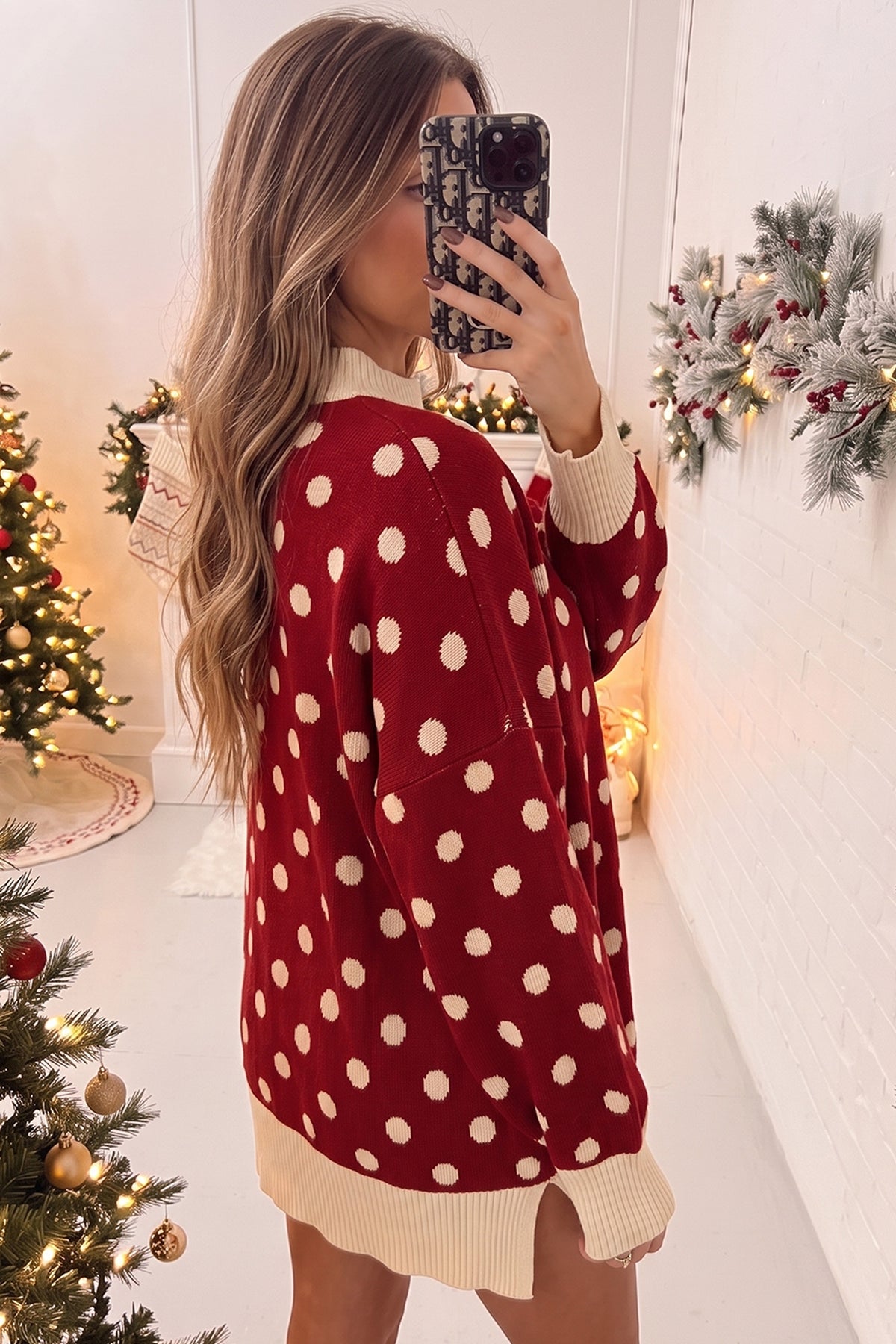 Red Polka Dot Pattern Ribbed Colorblock Trim Split Tunic Sweater