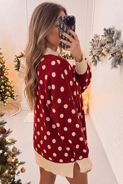 Red Polka Dot Pattern Ribbed Colorblock Trim Split Tunic Sweater