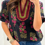 Black Floral Short Bubble Sleeve Contrast Slit Neckline Blouse