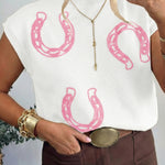 White Corded Horseshoes Ribbed Trim Mock Neck Short Sleeve Sweater