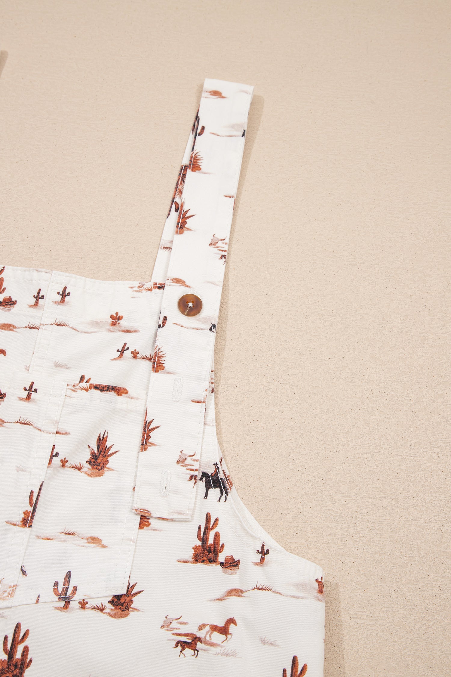 Beige Western Printed Button Adjustable Straps Loose Jumpsuit Dungarees