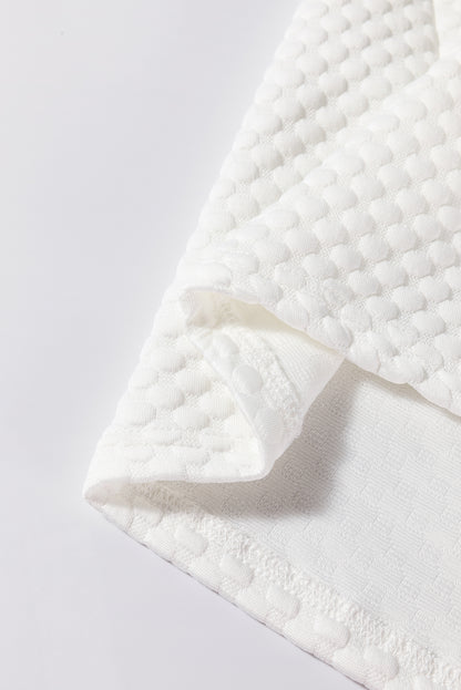 White Solid Textured O Neck Puff Sleeve Blouse