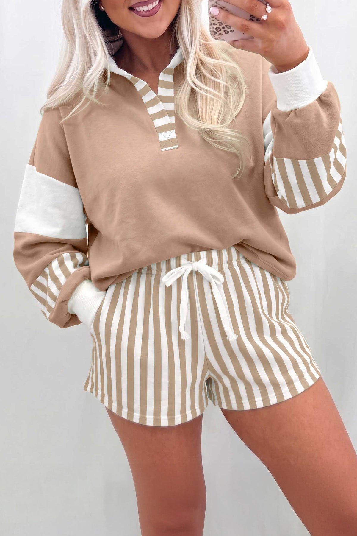 Smoke Gray Striped Color Block Pullover Top Drawstring Shorts Set