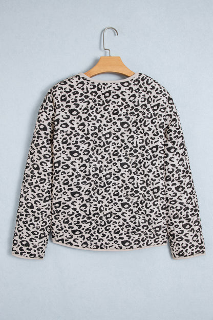 Khaki Leopard Print Patch Pockets Binding Tape Long Sleeve Regular Fit Jacket