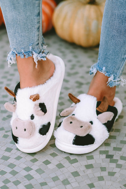 Chaussons blancs en peluche motif vache et animaux de dessin animé 