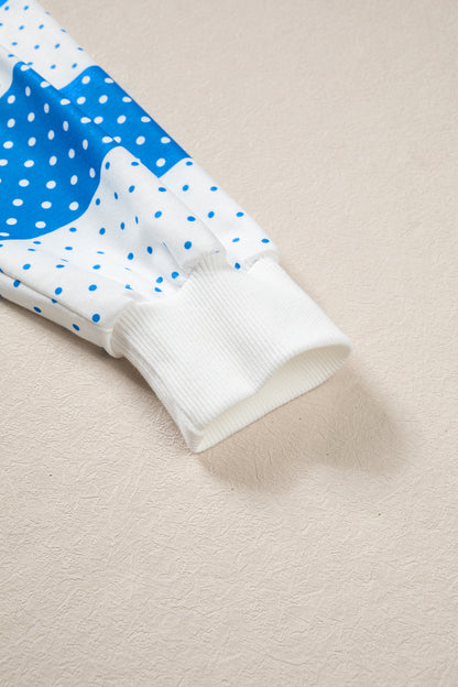 Blue Polka Dot Patchwork Colorblock Long Sleeve Top