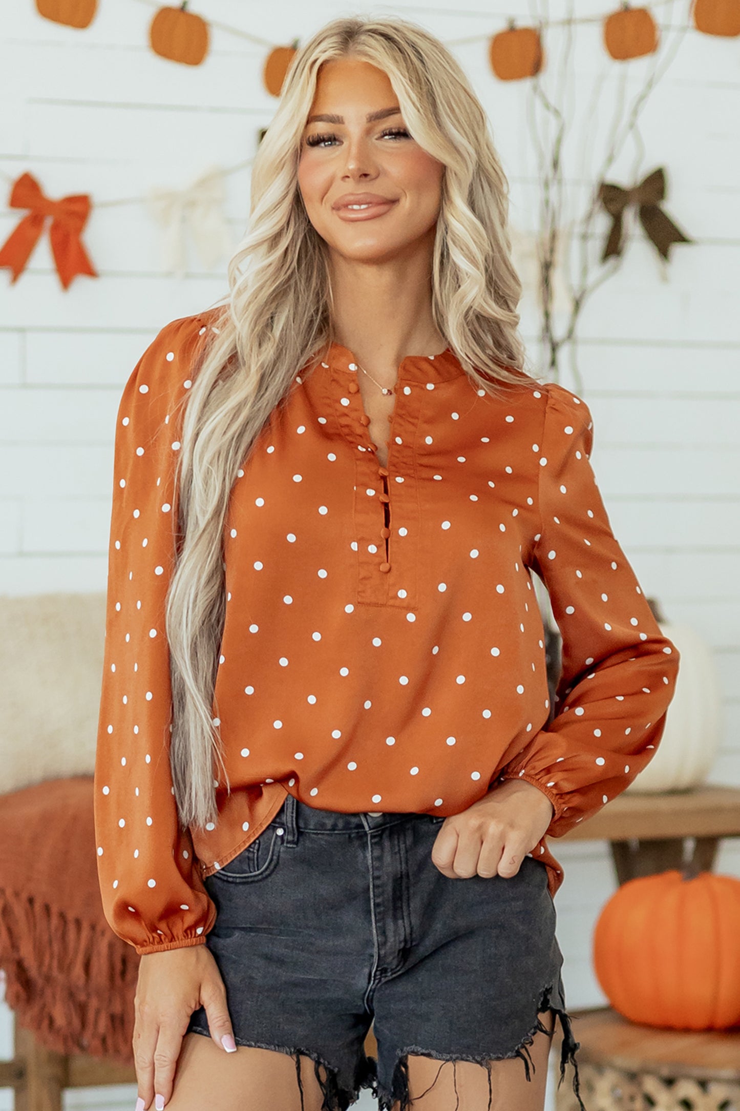Brown Polka Dot Half Button V Neck Long Sleeve Blouse