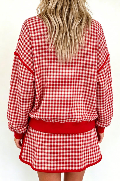 Red Gingham Oversized Ribbed Trim Crew Neck Long Sleeve Top and Skort Set