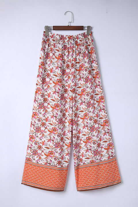 Floral Print Shirred High Waist Wide Leg Pants