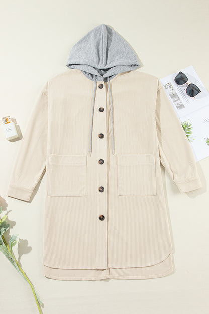 Veste-chemise à capuche surdimensionnée en velours côtelé beige contrasté