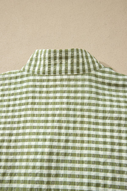Green Plaid Short Sleeve Colorblock Trim Split Neck Blouse