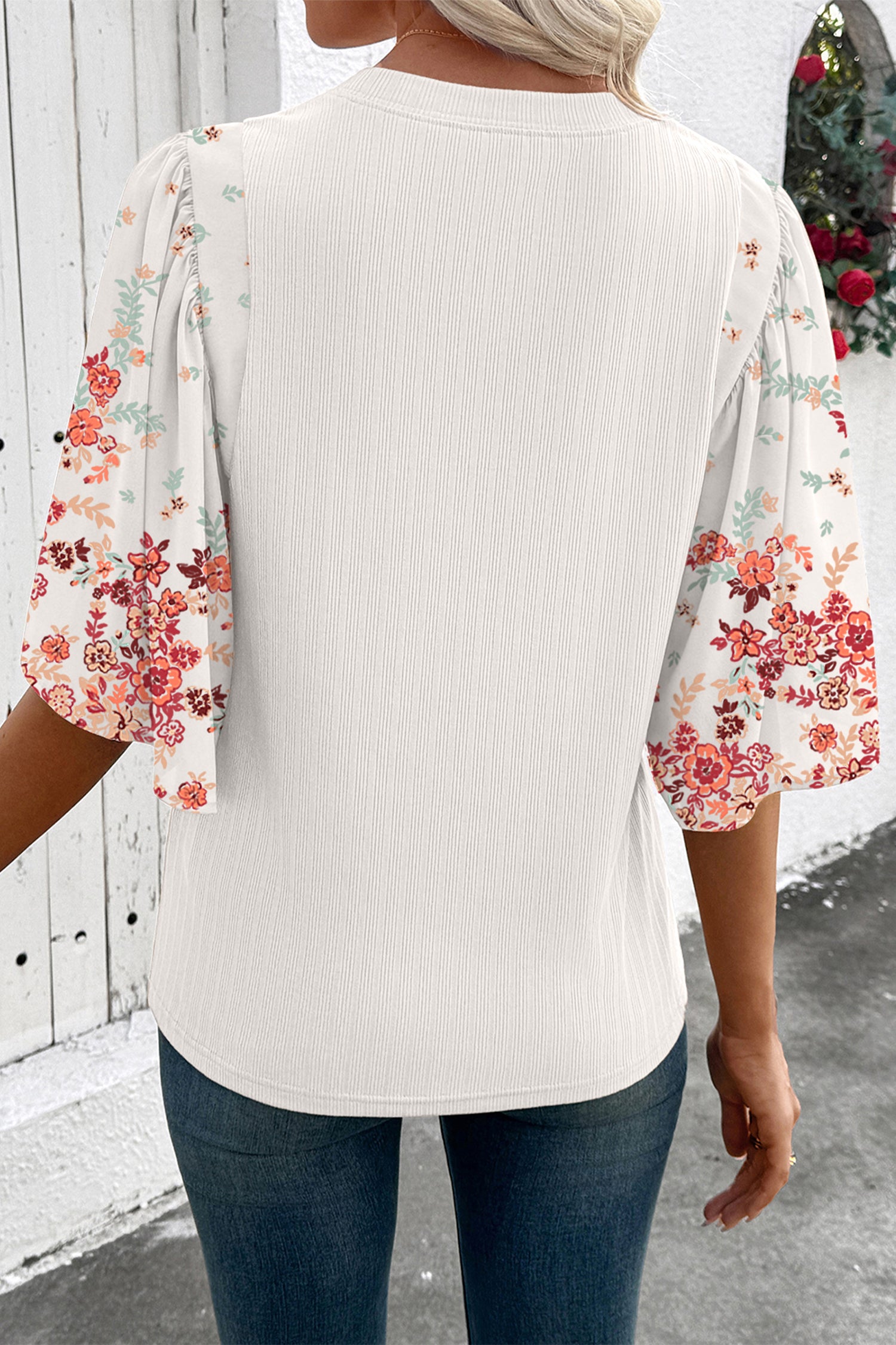 White Ribbed Texture Floral Print Half Sleeve Patchwork Top