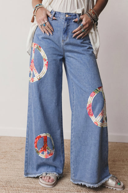 Myosotis Floral Peace Sign Embroidered Patch Wide Leg Jeans