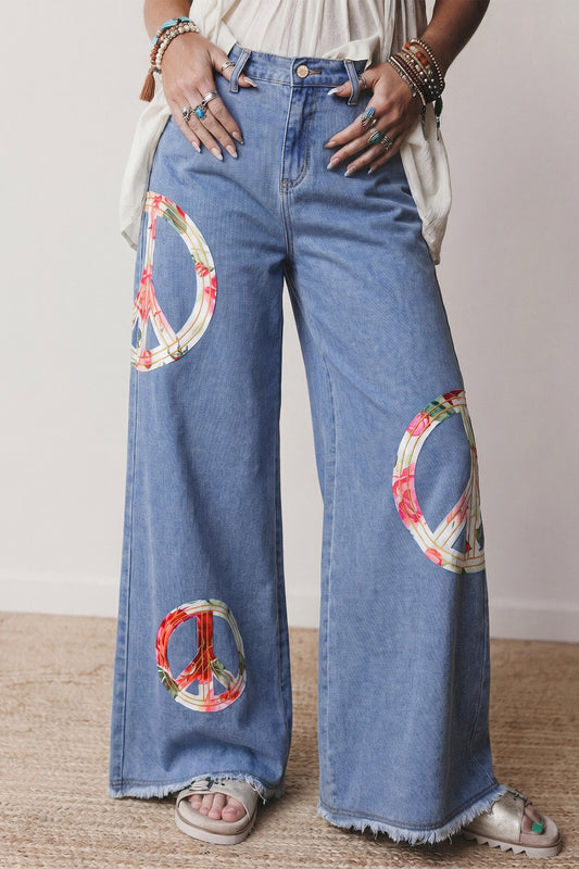 Myosotis Floral Peace Sign Embroidered Patch Wide Leg Jeans