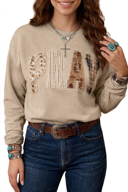 Parchment Floral Buffalo Plaid Striped Embroidered Patch Western Pullover Sweatshirt