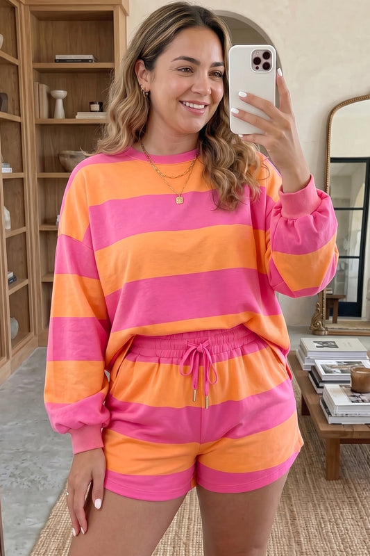 Pink Stripe Plus Size Horizontal Color Block Long Sleeve Top Drawstring Short Set