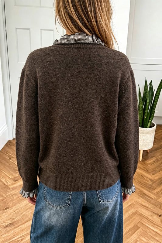 Chicory Coffee Plaid Ruffle Trim Patchwork Button Sweater Cardigan