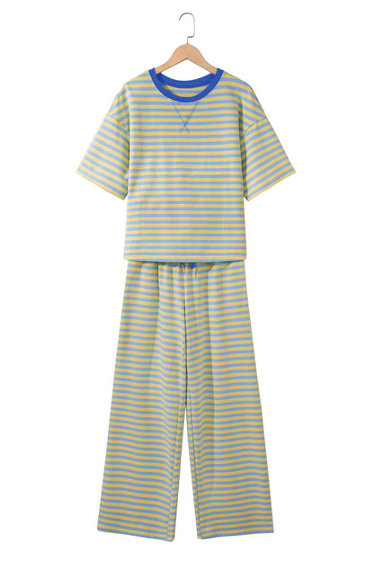Pink Stripe Colorblock Trim Crew Neck Loose Tee Drawstring Elastic Waist 2pcs Pant Set