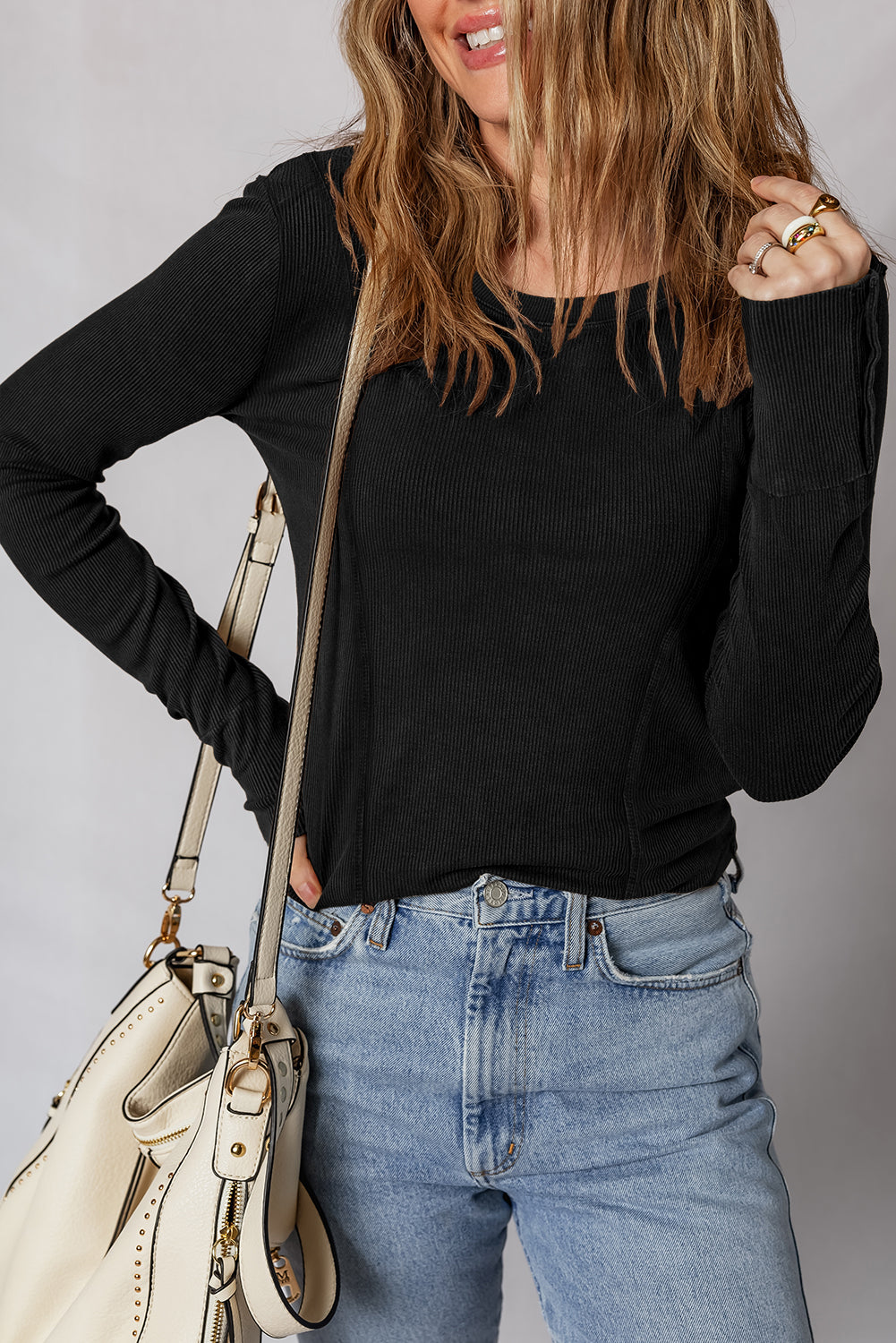 Black Exposed Seam Ribbed Long Sleeve Top