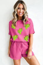 Rose Red Western Cactus Patched Textured Two Piece Shorts Set