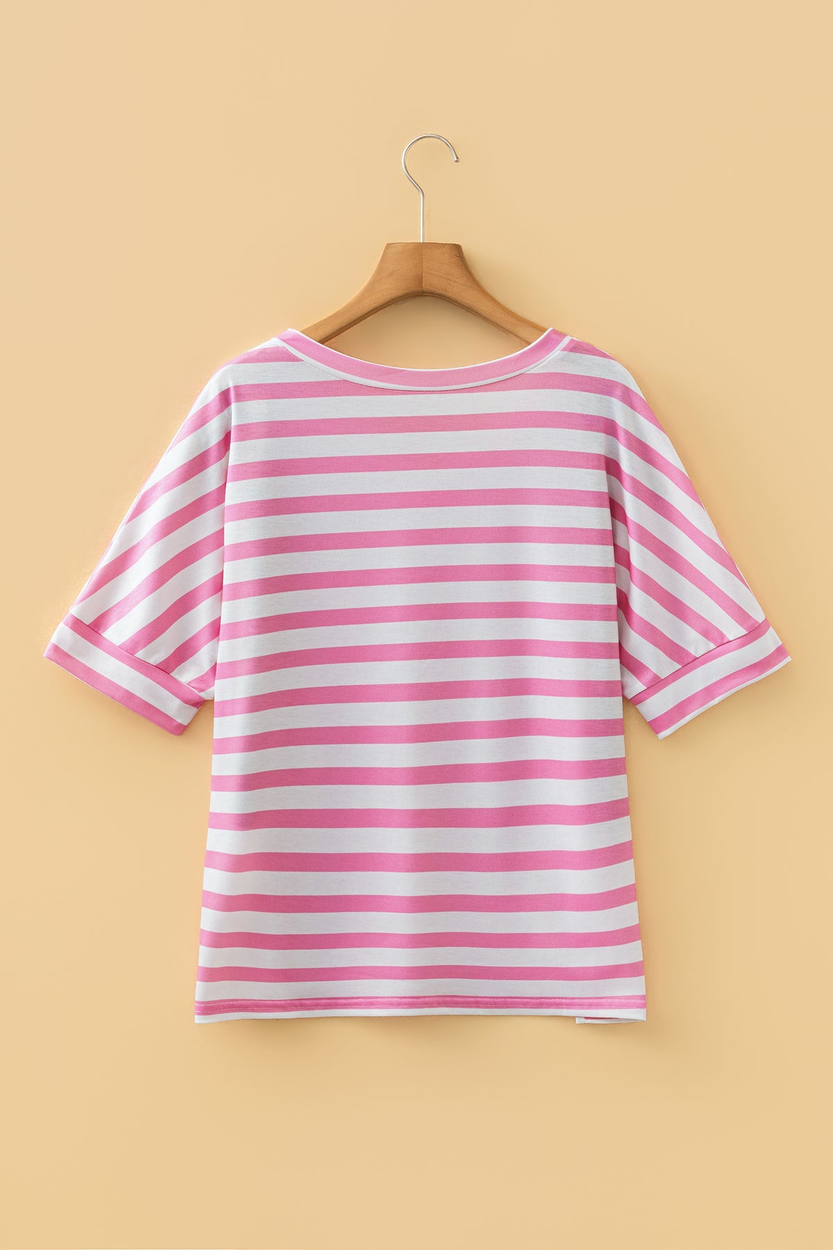 Pink Stripe V Neck Patched Pocket Casual T Shirt