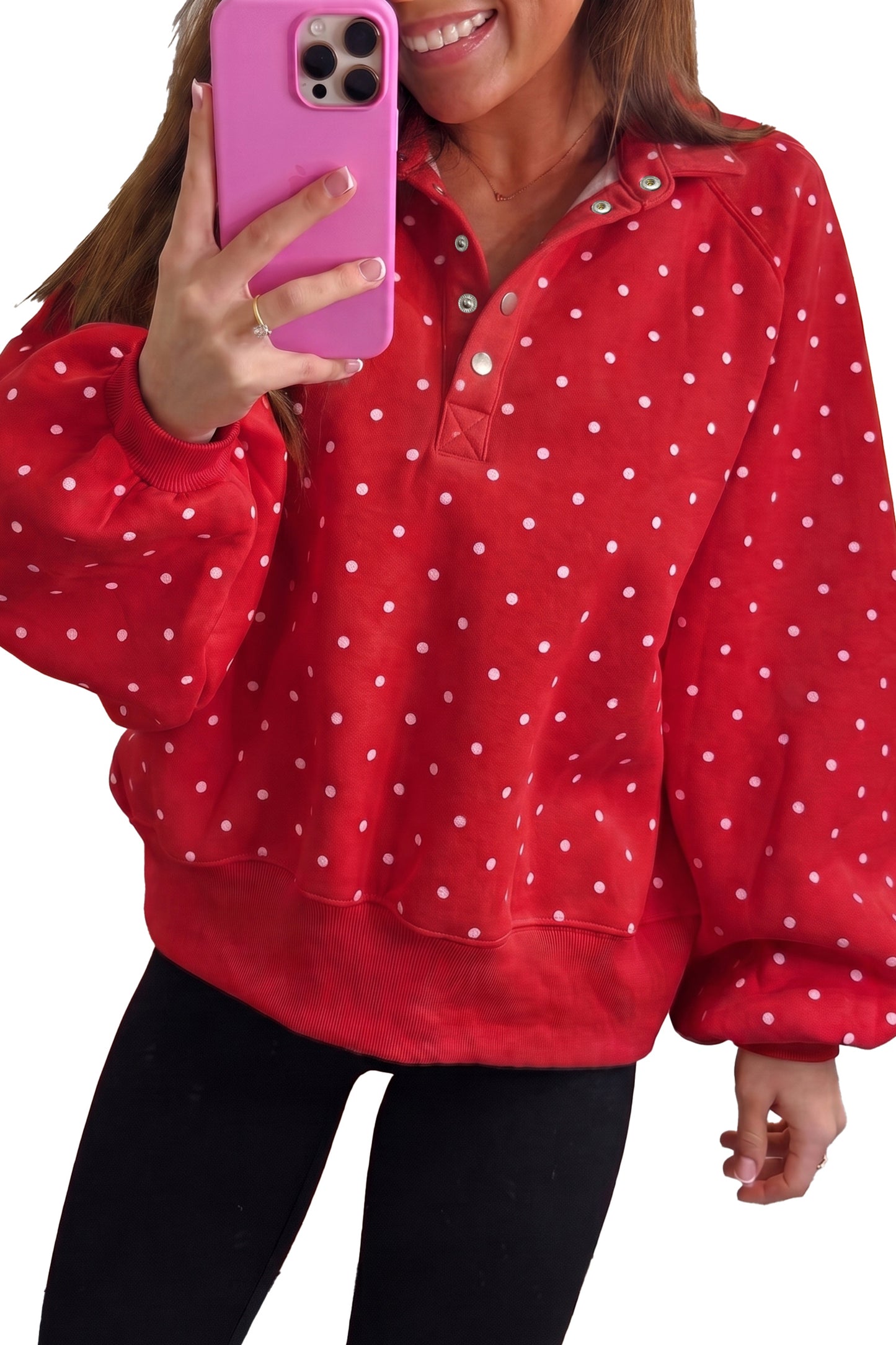Red Polka Dot Print Metal Button Collar Casual Pullover Sweatshirt