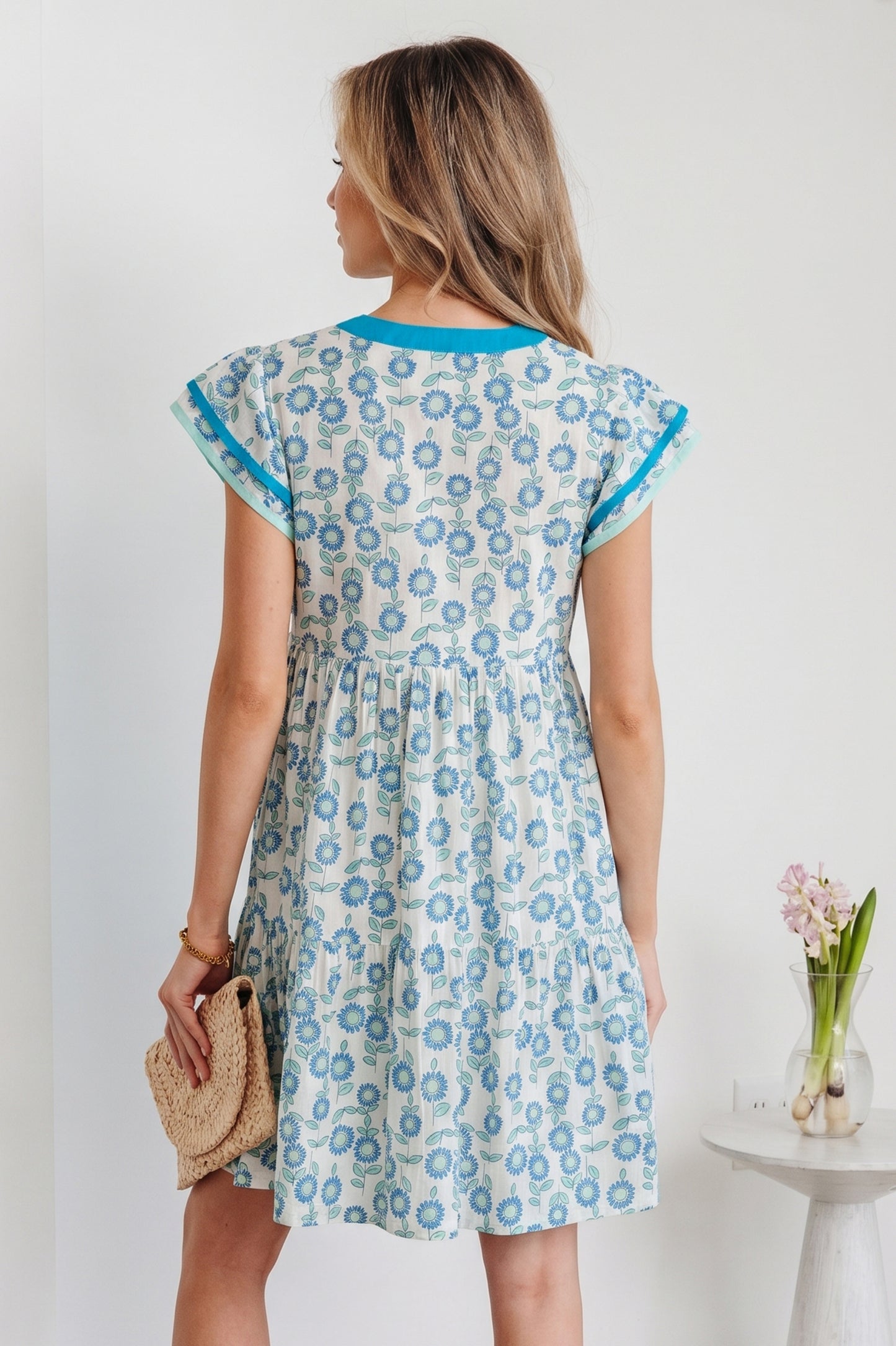 Red Floral Print Contrast Trim Flutter Sleeve Mini Dress